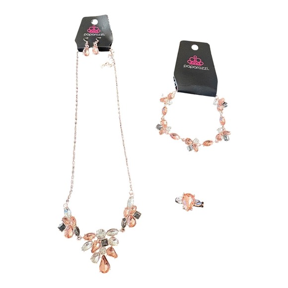 paparazzi Jewelry - Paparazzi Rose Gold Peach Iridescent Rhinestone Necklace Earring Bracelet Ring